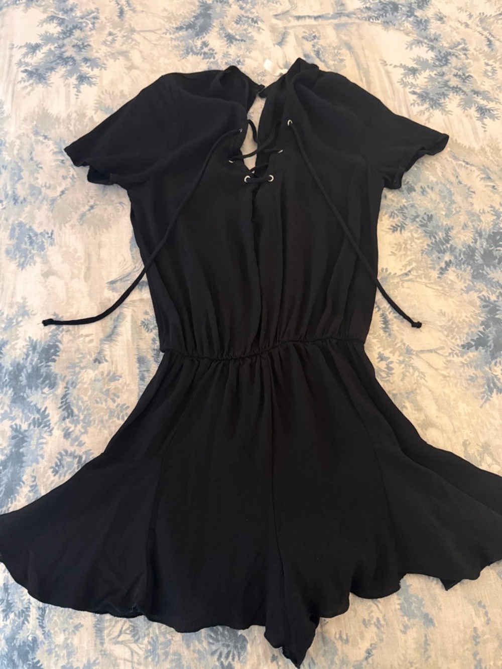 Elan Black Lace-Up Short Sleeve Romper